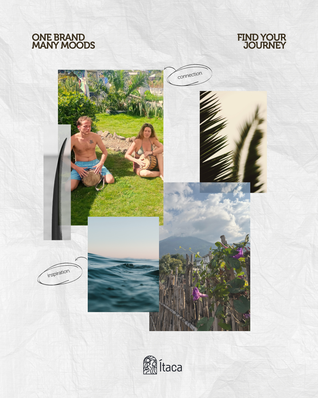 Collage of lifestyle and travel photography representing the Ítaca hospitality brand, featuring ocean waves, tropical landscapes, live music, and Guatemala-inspired experiences focused on connection and intentional travel.